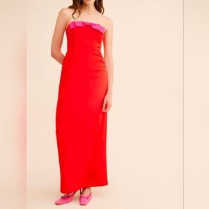 ​Flat White Anthropologie Bow Strapless Maxi Dress Small Red Pink Wedding Party